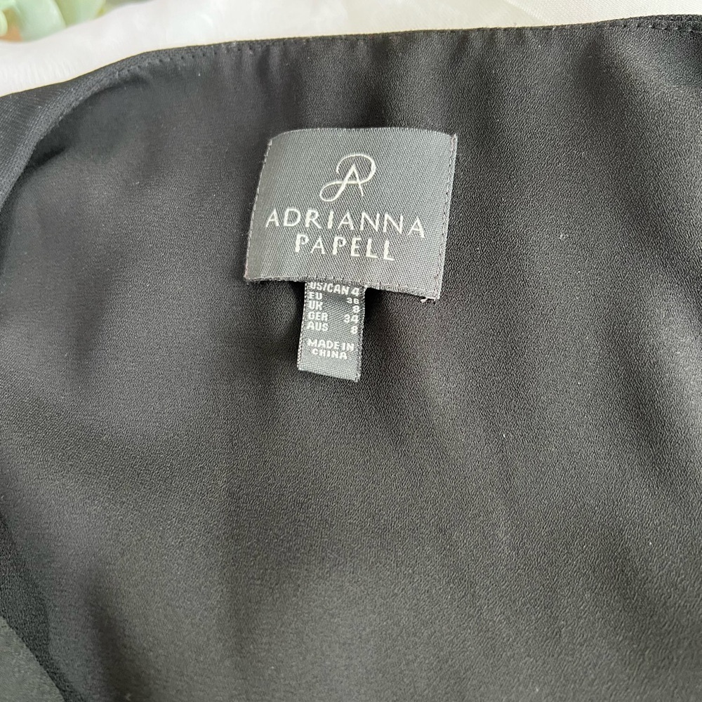 ADRIANNA PAPELL Quiet Luxury Black sheer Lined Draped Asymmetrical Hem Dress 4 - Picture 5 of 10